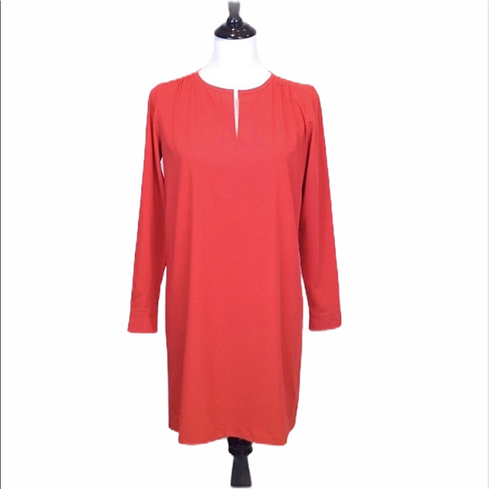 Loft Petites long sleeve V split round neck deep orange pullover shift dress